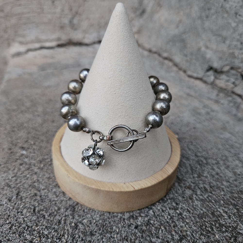 Aeropostale Chunky Silver Ball Chain Beaded Bracelet Rhinestone Ball Y2K Jewelry